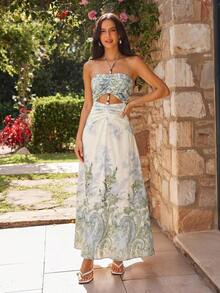 Vestido de gasa con estampado para primavera y verano con cuello de halter para mujeres - Multicolor - Ver 5