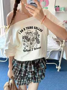 女士休闲简约露肩单字领浪漫海滩街头Y2K性感女士上衣T恤，春夏款 - 白色 - 查看 2
