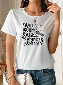 Limited Edition Women's Lightweight Breathable Cotton T-Shirt With Burning Sage And Broken Bridge Print - Short-Sleeve Crew Neck Tee Made Of Soft, Breathable, Medium-Stretch Fabric With A Sage Print Design, Suitable For The Office And Casual Summer Wear - Casual Summer Garment (Machine Washable) Lightweight Cotton - 藍色 - 查看 10