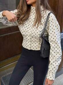 Chaqueta de primavera con cuello alto, estilo casual y retro, con estampado de lunares y bolsillos, para uso diario - Albaricoque - Ver 8