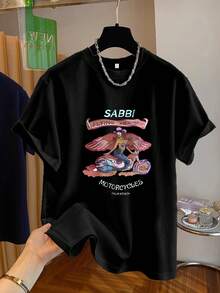 Soft 100% Cotton T-Shirt [Circular Orientation] Fashionable Printed T-Shirt For Women, Soft And Versatile, Featuring A Flying Mermaid And Motorcycle Design. Soft And Comfortable, Short-Sleeved Printed T-Shirt, Suitable For Casual Wear, Fashionable Tops For All Seasons. Breathable Cotton T-Shirt, Goes With Everything. - 黑色 - 查看 6