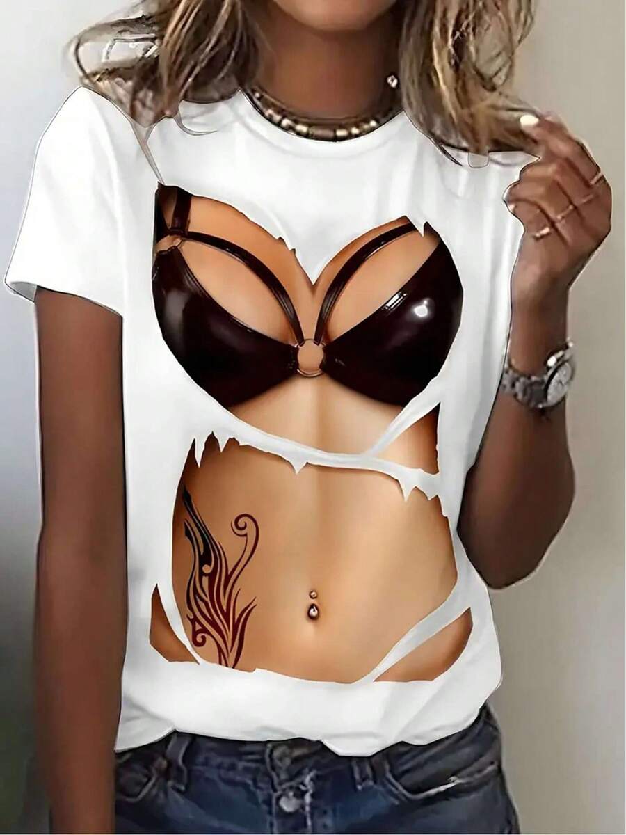 Camiseta Casual de Manga Corta para Mujer - Estampado Vibrante con Bikini y Tatuaje, Cuello Redondo, Corte Relajado, Top Versátil para Todo el Año o Regalo de Vacaciones, Tela de Calidad, Camiseta Y2k - Blanco - Ver 1