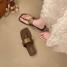 French Elegant Metal Square Buckle Flip Flops For Women, Flat Casual Commuting Holiday High-Quality Sandals For Summer - Brown - View 6