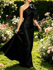 Elastic Satin Asymmetric Neck Fitted Cocktail Dress - Black - View 5