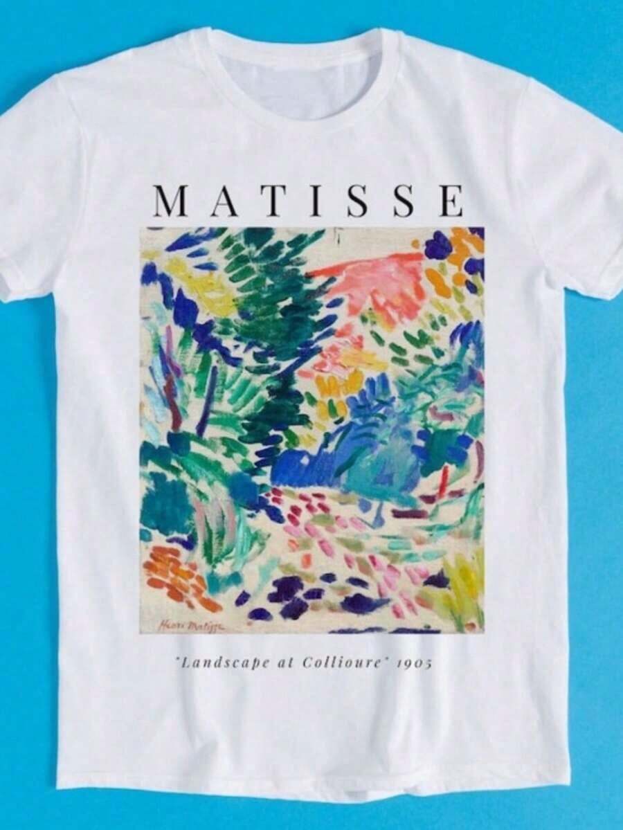 Crew Neck T-Shirt With A Matisse-Themed Abstract Art Print, Featuring A Creative Design, Short Sleeves, A Casual Style, And A Standard Fit, Suitable For Spring And Autumn. Hand Washing Is Recommended. Ideal For Business Casual Meetings And Everyday Wear. T-Shirt, Sweatshirt, Casual Wear, Y2K Style, Y2K Style Sportswear, Crew Neck, 100% Cotton, Soft Fabric, Short Sleeves. - 白色 - 查看 1