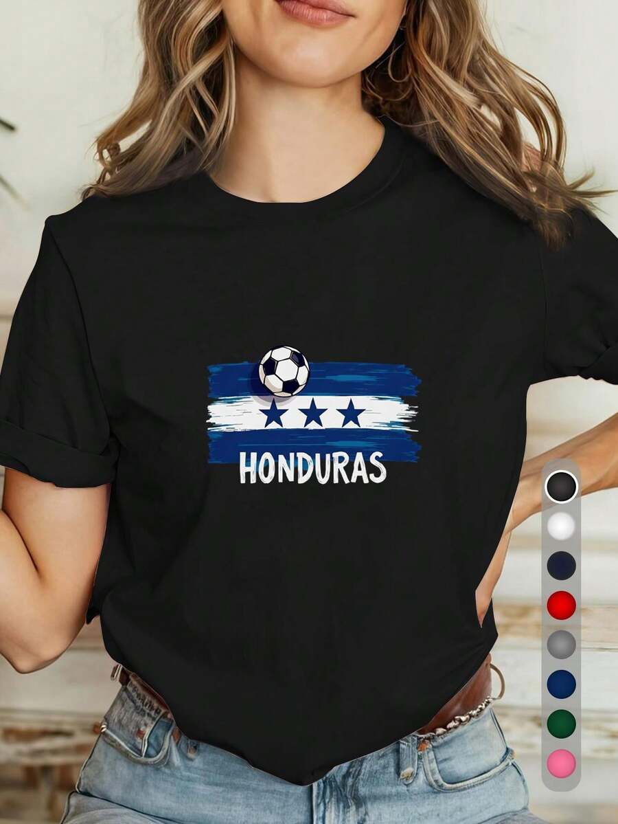 Women's T-Shirt With The Honduran Flag - Casual Short-Sleeved T-Shirt With A Round Neck And Loose Fit, Featuring The Coat Of Arms And Colors Of The Honduran Flag. Suitable For Spring And Summer Wear, It Can Be A Gift To Express Honduran Cultural Pride. Ideal For Everyday Use, This Cultural Clothing Is Machine Washable. - 黑色 - 查看 1