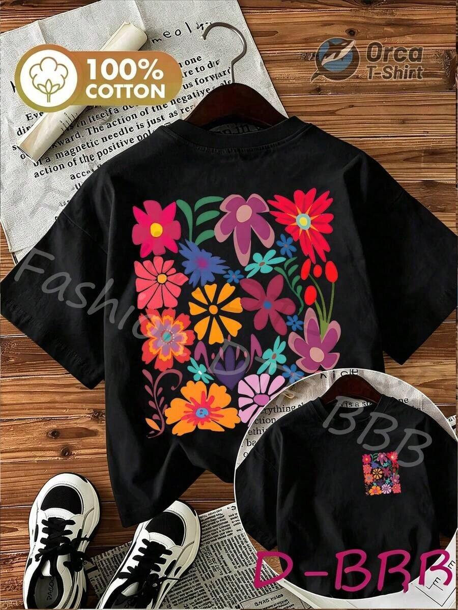 Women's Casual Spring/Summer T-Shirt With Colorful And Contrasting Floral Prints, Double-Sided Print, Cute Retro Style, Crew Neck And Short Sleeves, Perfect For The 4th Of July, World Cup Match Day, Soft And Lightweight T-Shirt, Easy To Match With Any Outfit. Women's 100% Cotton Graphic T-Shirt, Brokey Y2K Style, Crew Neck, Loose Fit. - 黑色 - 查看 1