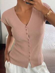 Cárdigan casual de verano para mujer, de unicolor, ajustado, de cuello en V, elástico y delgado - Rosa Pálido - Ver 5