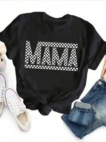 PAYEAH Vintage T-Shirt 1 Piece 100% Cotton With "Mama" Letter Print And Round Neck - Soft Polyester Short Sleeve Top With Medium Elasticity For Spring And Summer - Relaxed Fit, Casual, Alphabet Print, Positioned Print, Regular Length, Knit Fabric, Thick Cotton T-Shirt For All Seasons. - 黑色 - 查看 2