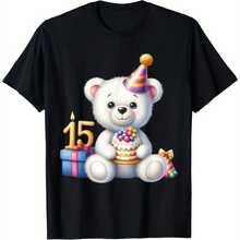 Birthday Party T-Shirt - Fun Bear and Birthday Hats clothes - Heavyweight clothesgsm clothes Round Neck Unisex fclothes Gifts and Casual Outfits - Siz - Negro - Ver 1