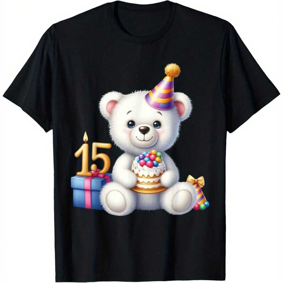 Birthday Party T-Shirt - Fun Bear and Birthday Hats clothes - Heavyweight clothesgsm clothes Round Neck Unisex fclothes Gifts and Casual Outfits - Siz - Negro - Ver 1