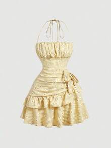 Vestido con estampado floral, cuello halter y bajo asimétrico con adornos - Amarillo 2 - Ver 5