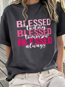 Camiseta de manga corta con cuello redondo, corte holgado y diseño casual y lindo para mujer.Atuendo de verano casual y de vacaciones con estampado de bendición.Adecuado para vacaciones como el Día de San Valentín, el regreso a la escuela, el Día del Maestro.Camiseta de manga corta con estampado de letras, suave, holgada y cómoda, versátil y casual de alta gama - Gris Oscuro - Ver 5