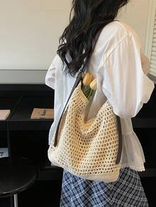Handmade Woven Straw Shoulder Bag, Minimalist & Fashionable - Beige - View 3