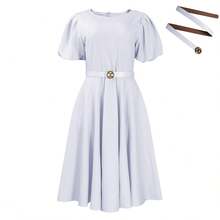 Vestido verano 2026 talla grande, cintura alta y bajo acampanado para mujer - Blanco con cinturón - Ver 5