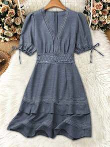 Vestido de verano de unicolor con ribete de encaje para mujer - Lavado ligero - Ver 3