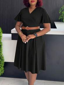 Women's A-Line Casual Dress, New Summer Collection European-American Style, V-Neck And Puff Sleeves - Sabuk hitam + - View 1