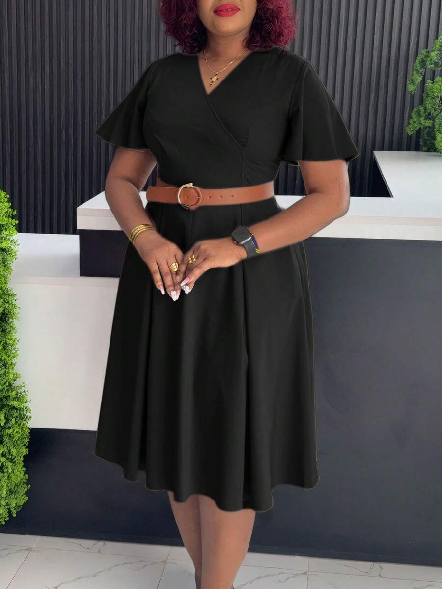 Women's A-Line Casual Dress, New Summer Collection European-American Style, V-Neck And Puff Sleeves - Sabuk hitam + - View 1