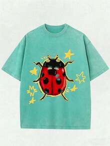 Washed Unisex Tee, Star & Ladybug Print, Vintage Distressed Style, Premium Fabric, Summer Graphic Top, Ideal For Daily Wear & Holiday Gifts - 草綠色 - 查看 14