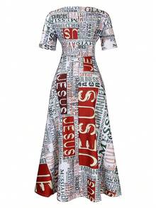 Plus Size Elegant Lace-Up Short Sleeve Flared Dress, New Style 2026 For Women - 字母 - 查看 2