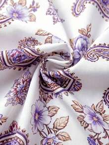 Blusa casual de mujer con estampado de cerezas, cuello plisado y mangas cortas de campana en silueta "H", para uso diario y vacaciones - Morado - Ver 7