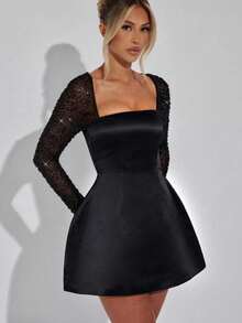 Vestido mujer 2026, cuello cuadrado escote bajo liso, manga larga con encaje combinado, corte A elegante - Negro - Ver 1