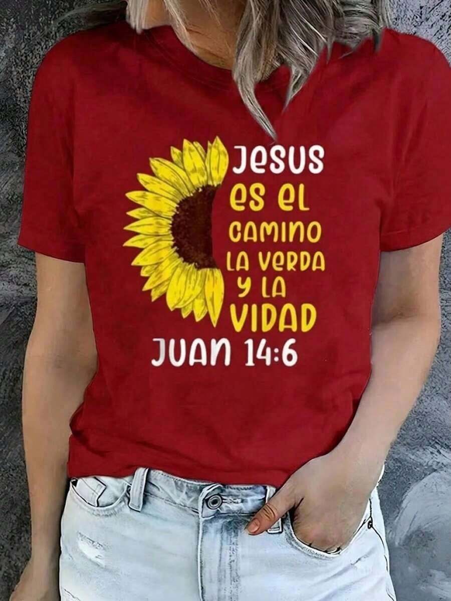 Playera Negra Oversize con Versículo Bíblico "JUAN 14:6" y Girasol, Camiseta de Fe Cristiana Jesús es el Camino, Blusa de Cita Espiritual y Adoración, Tops Regalo para Servicio Dominical - Rojo - Ver 1