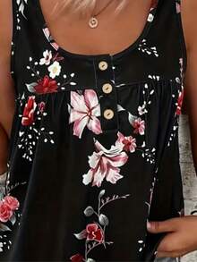 Women's Fashion Floral Print Button-Up Vacation Camisole - Black - View 2