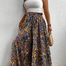 Plus Size Floral Printed Wide Leg Casual Vacation Pants Fall Cloth For Women - Multicolor - Ver 2