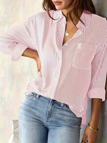 Nueva llegada Cárdigan superior con estampado floral y de rayas de otoño, camisa de manga larga de moda casual para mujer en primavera - Rosa - Ver 4
