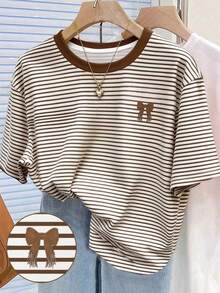 Camiseta de cuello redondo casual con estampado digital a rayas y bordado de fresa, regalo para amigos - Multicolor 6 - Ver 1