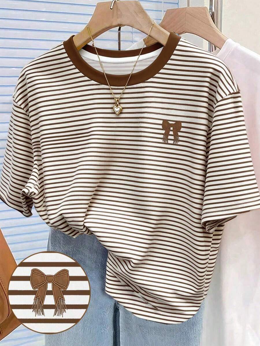 Camiseta de cuello redondo casual con estampado digital a rayas y bordado de fresa, regalo para amigos - Multicolor 6 - Ver 1