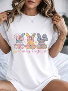 1 Piece Women's Casual Short Sleeve Cotton T-Shirt With Easter Bunny Print, Round Neck, Regular Fit, Breathable And Comfortable, 180g, 100% Cotton. - 黑色 - 查看 7