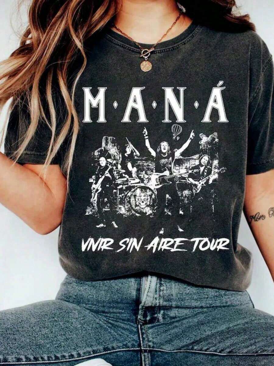 1 pieza de camiseta negra con colores populares, estampados de animales, estampados geométricos, estampados tie-dye, estampados florales, estilo millennial Spicy Girl, estilo Y2K, estampados básicos, estampados florales, corte holgado, ropa de otoño para mujer, ropa de Navidad para mujer, tops, ropa de otoño para mujer, vestidos elegantes de mujer, ropa de invierno para mujer, vitalidad de nicho, camiseta de la gira de Mana Band, sudadera de la gira Maná Vivir Sin Aire, camiseta de rock latino Mana, regalo para fans de Maná, merchandising de Maná, camiseta de concierto Mana 180g 100% algodón. - Negro 9 - Ver 1