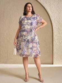 Reflora Vestido de moda con cuello redondo, mangas con volantes y estampado floral para mujer de talla grande - Multicolor 2 - Ver 5