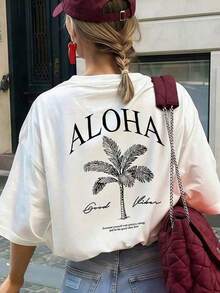 Camiseta de manga corta con cuello redondo y estampado de palmeras para mujer, estilo casual y moderno, tu esencial diario. Camiseta Gráfica, Tops de Mujer, Camiseta Negra de Verano Estilo Y2K para Vacaciones - Blanco - Ver 10
