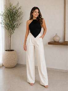 Women's Black Cropped Knit Top With 3D Rose Detail, Sleeveless, Asymmetrical Hem And Wrap Style, High Elasticity, Perfect For Summer. - Black - View 2