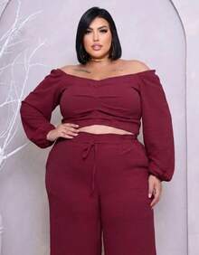 Plus Size Set: Off-The-Shoulder Cropped Top And Elegant High-Waisted Lined Palazzo Pants - 紅木色 - 查看 4