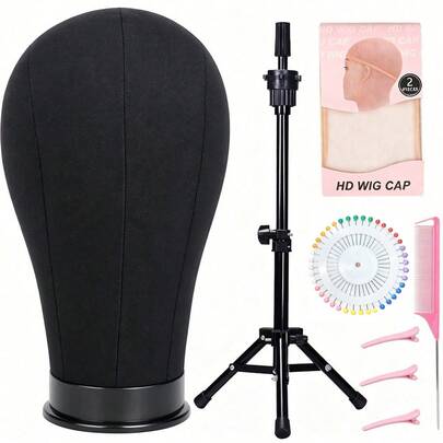 Mô hình đầu ma-nơ-canh bằng vải bố 22 inch kèm giá đỡ, giá đỡ ba chân có thể điều chỉnh kèm ghim mũ tóc giả, lược đuôi và kẹp tóc, thích hợp cho việc thực hành làm tóc giả, đào tạo tạo kiểu và trưng bày.