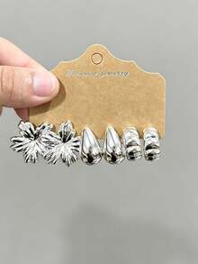 6-18pcs Silver-Tone Earring Set For Women, Includes Rose Flower, Geometric Shapes, Textured Designs, Suitable For Pairing With Various Styles - Silver - View 3