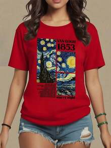 Night Landscape With Swirling Stars Symbolizing Hope In The Darkness And Beauty Of The Cosmos. Women's T-Shirt, 100% Soft And Comfortable Cotton, Maija Curvy Women. - 紅色 - 查看 9
