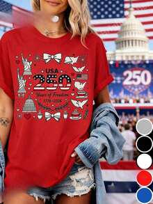 Men's Crew Neck T-Shirt 1% | US 25 Tee With Flirty Doodles, Red, White & Blue, Printed With 4th Of July Celebration Design, Classic Casual Fit Style, Multiple Sizes Loose Fit Unisex Casual & Everyday Style T-Shirt, Versatile For Spring Summer & Autumn - Vintage Street Style Unisex Loose Cotton Short Sleeve Crew Neck T-Shirt 100% Pure Cotton - 紅色 - 查看 7