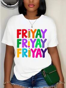 Camiseta de impresión FRIYAY blanca sobredimension de las mujeres - Color Bloque Casual cuello de la tulación camiseta de manga corta con multicolor viernes letras, relado H-Line uste para fin de semana y ropa de trabo, transpirable verano y todo el año (rosa/amarillo/verde/púrpura) - Blanco - Ver 2