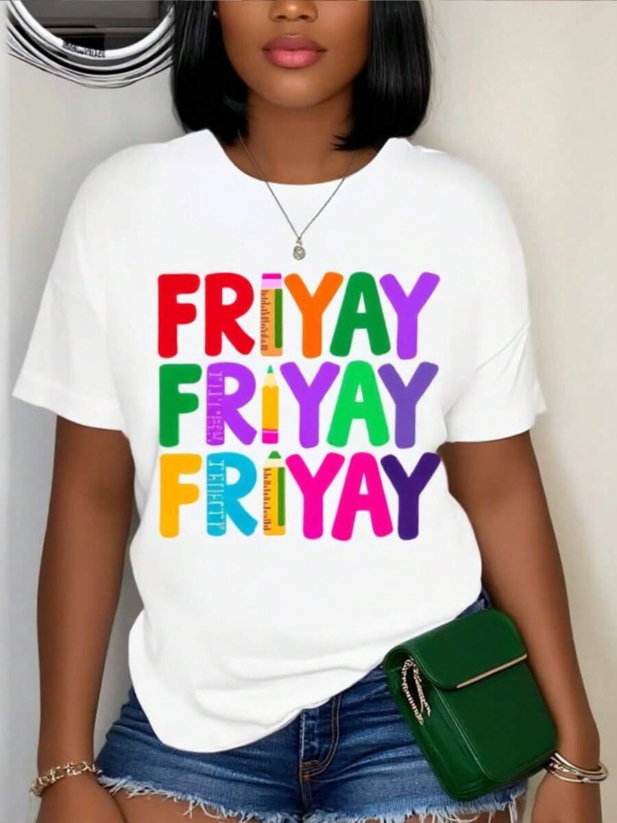Camiseta de impresión FRIYAY blanca sobredimension de las mujeres - Color Bloque Casual cuello de la tulación camiseta de manga corta con multicolor viernes letras, relado H-Line uste para fin de semana y ropa de trabo, transpirable verano y todo el año (rosa/amarillo/verde/púrpura)