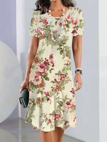 Nuevo Vestido Estilo Resort de Moda Primavera/Verano talla grande Vendido, Elegante Vestido Largo con Estampado Floral de Cuello Redondo y Manga Corta para Mujer, Adecuado para Salir, Casa, Viaje, Trabajo, Playa - Amarillo - Ver 2