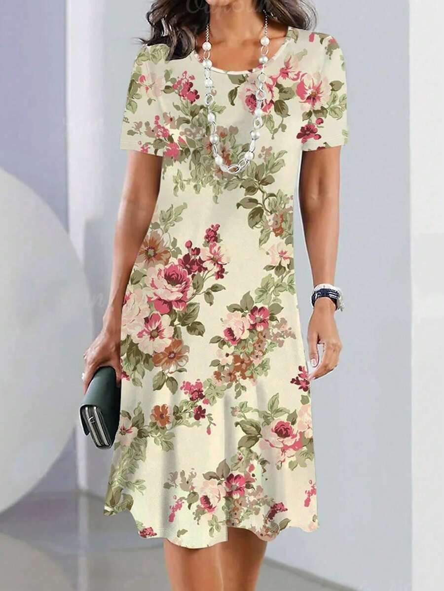 Nuevo Vestido Estilo Resort de Moda Primavera/Verano talla grande Vendido, Elegante Vestido Largo con Estampado Floral de Cuello Redondo y Manga Corta para Mujer, Adecuado para Salir, Casa, Viaje, Trabajo, Playa