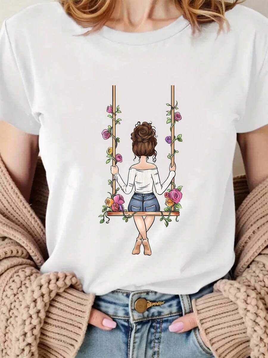 Vintage swing floral print T-shirt Recomendado respirable cuello redondo manga corta deportes de moda casual top de las mujeres Tienda de la comunidad local en stock Cabello rápido confort de aodón suave Disfrute del descuento adecuado parascua, Halloween, Acción de Gracias, etc.