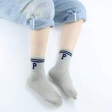 5 Pairs Kids Retro Striped Letter Mid-Calf Socks, Soft Collegiate Style Casual Sports Crew Socks - Black - View 4