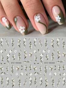 2 pièces Autocollants d'art pour ongles 3D fleurs sauvages blanches, fleurs élégantes avec feuilles, stickers adhésifs pour ongles, convient pour la décoration d'ongles de mariage et de célébration - Multicolore - Voir 3