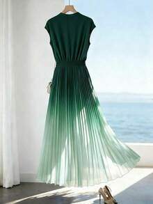 Vestido de Mujer con Corte en A y Dobladillo Plisado en Degradado, Diseño con Cintura Ajustada, Elegante para Vacaciones, Trabajo, Día de San Valentín, Citas, Estilo Vintage Francés Versátil para Fiestas, Principios de Primavera/Primavera-Verano, Sin Mangas, Azul y Blanco, Nueva Llegada, Largo Medio - Verde Oscuro - Ver 2